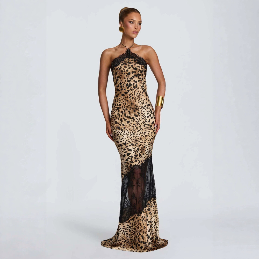Zara Retro Leopard Print Halter Neck Lace Panel Open Back Mermaid Evening Gown